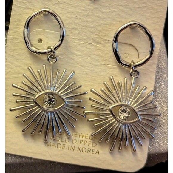 Evil Eye Sun Ray Brass Gold Dipped Silver Color Earrings - Picture 2 of 3